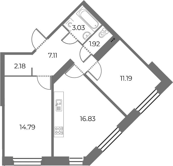 2-комнатная квартира 57.07 м², 2/18 эт., ЖК «Огни Залива»